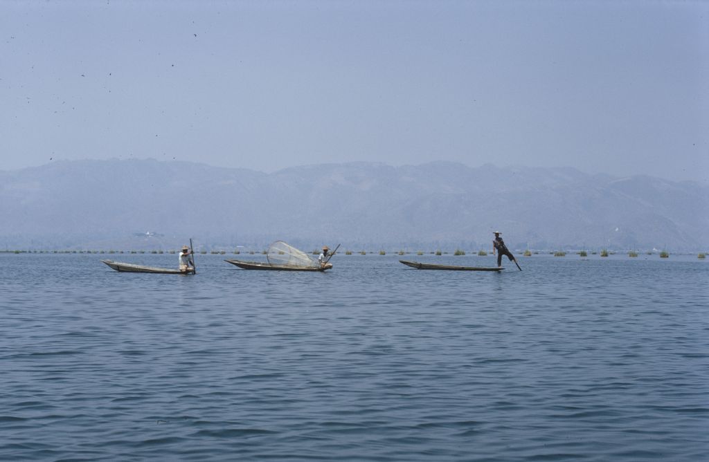 Burma, fishermen (leg-rowers) on Inle Lake