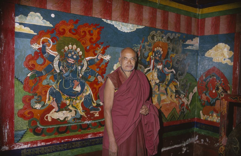 Nepal, Swayambhunath, monk devotion