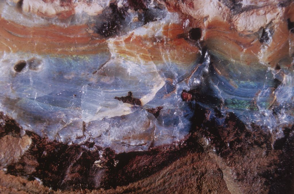 Colorful opal layer on sedimentary rock
