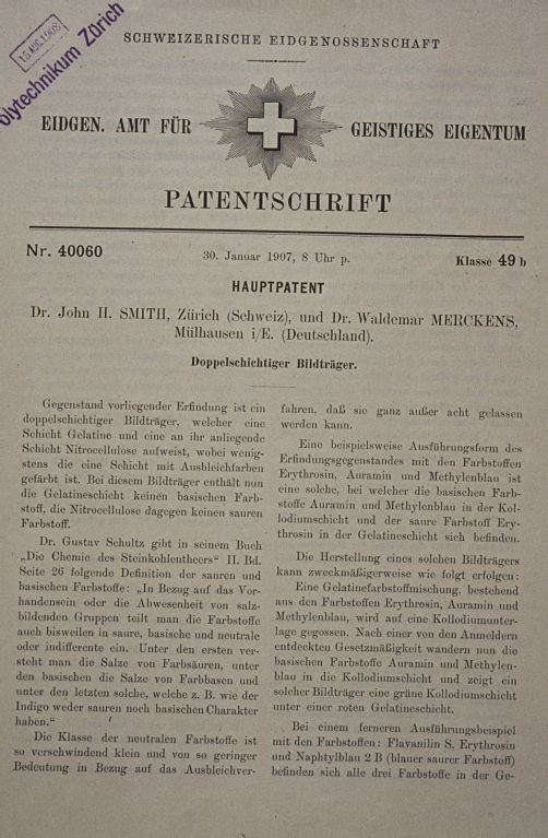 Patent specification: Dr. John H. Smith and Dr. Waldemar Merckens, Double-layer image carrier, Jan. 30, 1907, Patent No. 40060