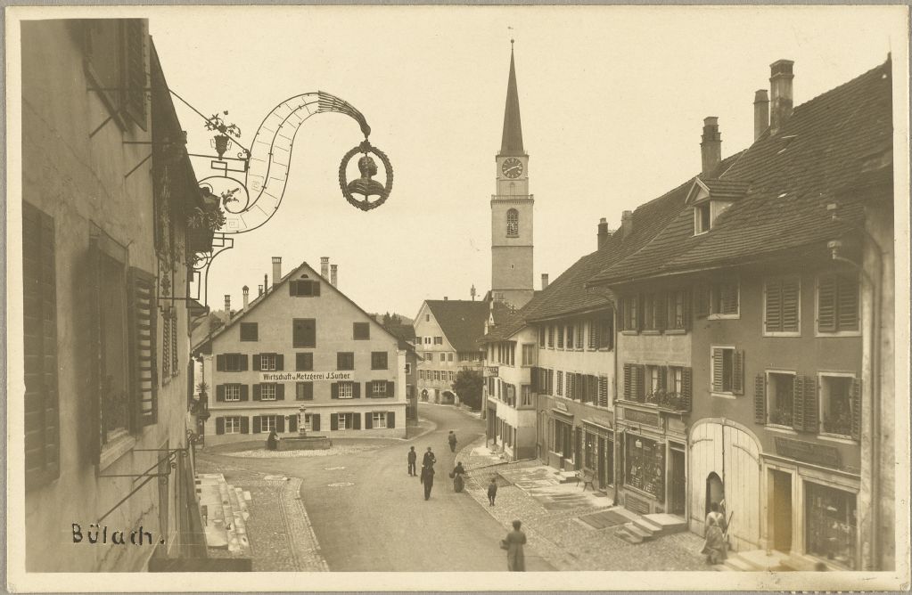 Bülach, church, economy and butcher's shop J. Surber