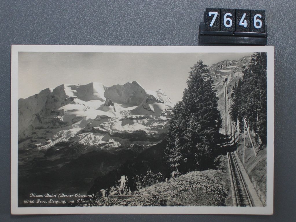 Niesen railroad with Blüemlisalp, Bernese Oberland, 60-66 percent gradient