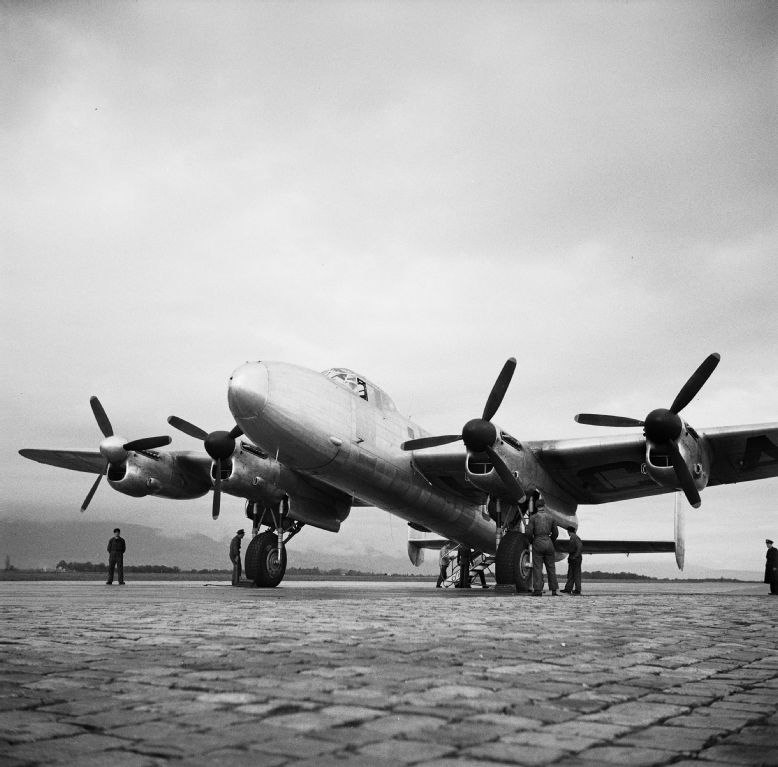 English Avro 691 "Lancastrian", a civilian version of the Avro "Lancaster" bomber on the ground at Geneva-Cointrin