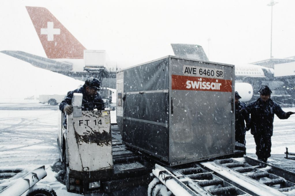 Freight loading at Zurich-Kloten Airport in winter
