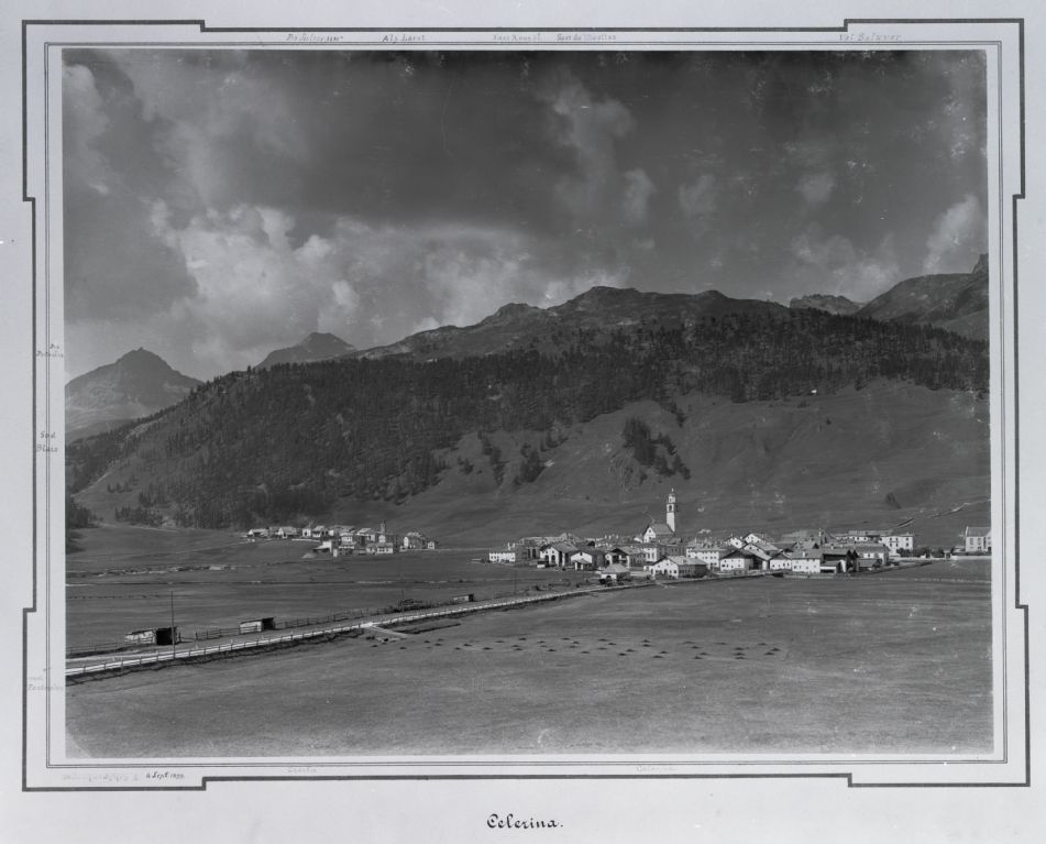 Celerina/Schlarigna GR, east view of the village of Celerina/Schlarigna, in the background the eastern slope and the mountain range with Piz Polaschin, Piz Güglia/Piz Julier, Sass Runzöl and Sass da Muottas, 1899
