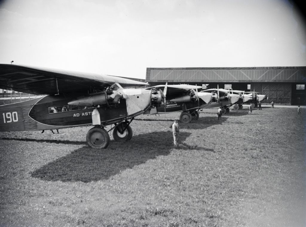 Swissair aircraft fleet with Fokker F.VII b-3m, CH-190 (HB-LAK) in Dübendorf