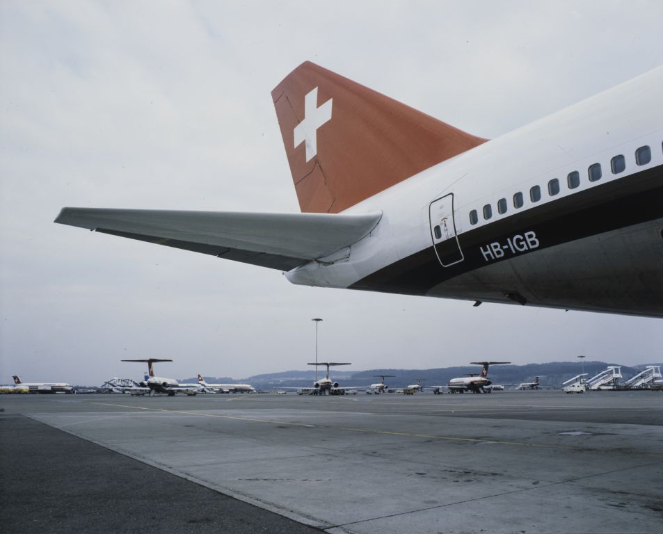 Tail of the Boeing 747-257 B, HB-IGB "Zurich" at Zurich-Kloten