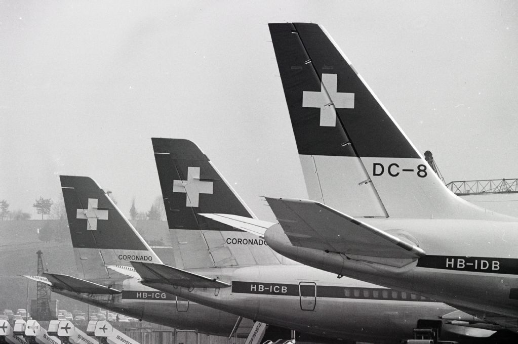 Tails of Swissair aircraft at Zurich-Kloten