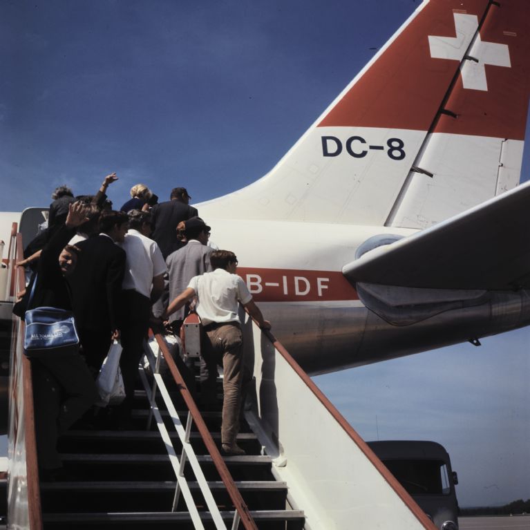 Boarding the McDonnell Douglas DC-8-62, HB-IDF "Zurich" at Zurich-Kloten Airport