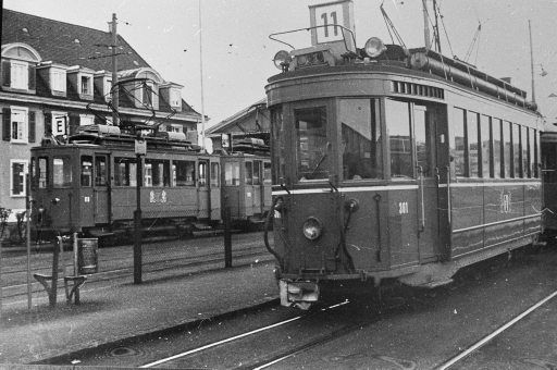 Basel, Dreispitz depot, motor cars 119 and 301 of the Basel streetcar, repro