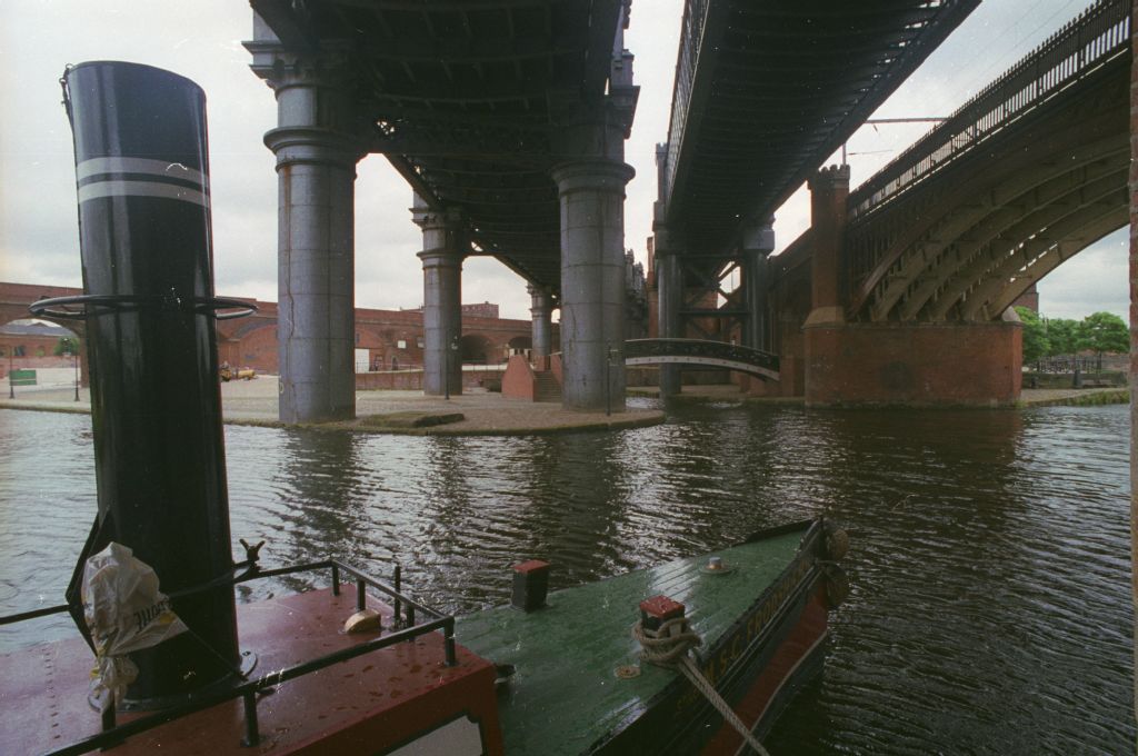 Manchester, Castlefield Viaducts over Coal Wharf and Staffordshire Arms inlet.