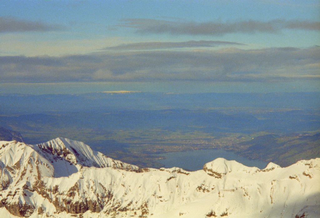 Canton BE, Lauterbrunnen, Mürren, Schilthorn summit, view to northwest (NW), Lake Thun, Thun, Chasseral (top)