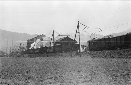Gruyères, Blonay-Chamby railroad Zell-105 and Etat E332 + GFM train Be 4/4