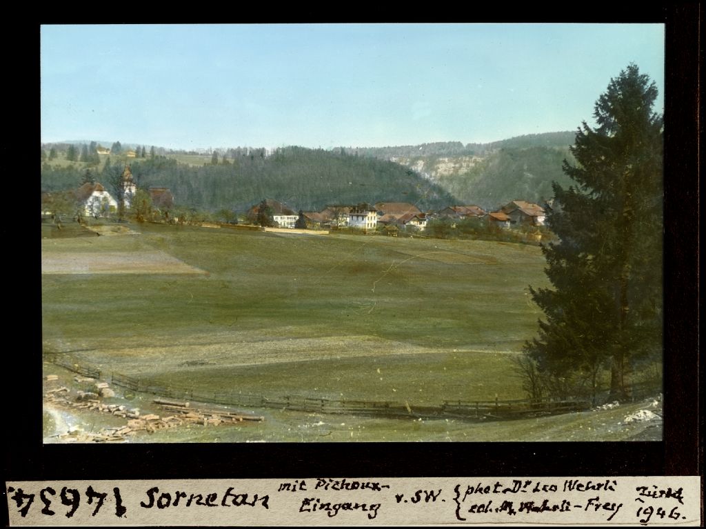 Sornetan, with [Gorges du] Pichoux entrance, from southwest