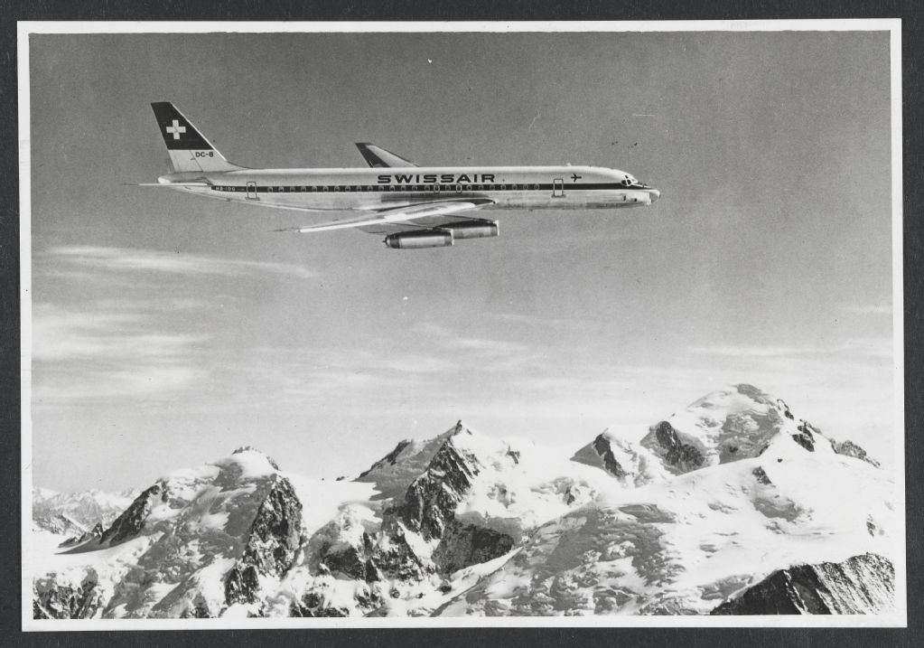 Douglas DC-8-62, HB-IDG in flight over the Alps, Mont Blanc, north flank