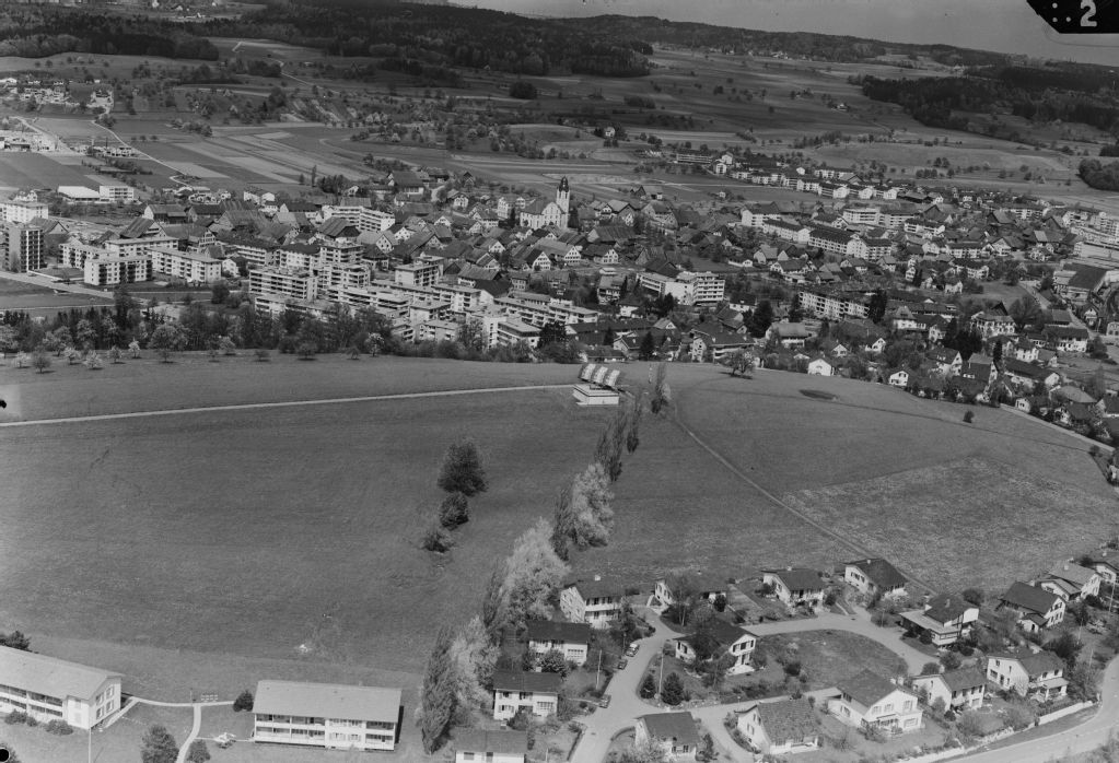 Kloten, view from Regensberg- and Forchstrasse over the radar installation on Holberg to the village Kloten in northeast direction (NE)