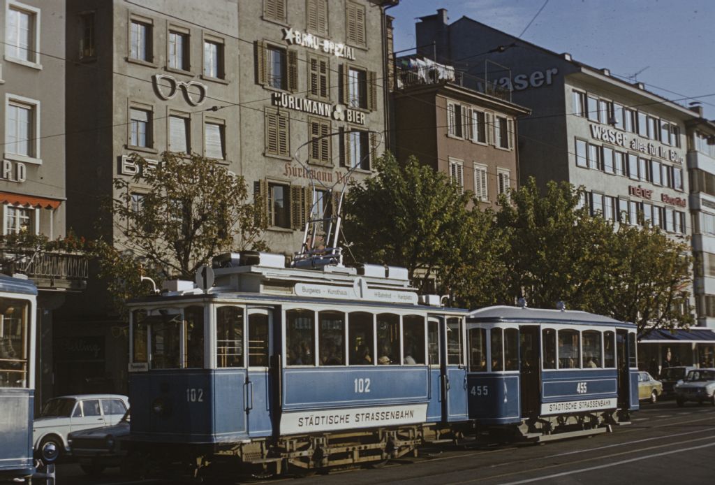 Zurich, Limmatquai with VBZ "Schüttelbecher-Express" vintage streetcar composition at lower Limmatquai
