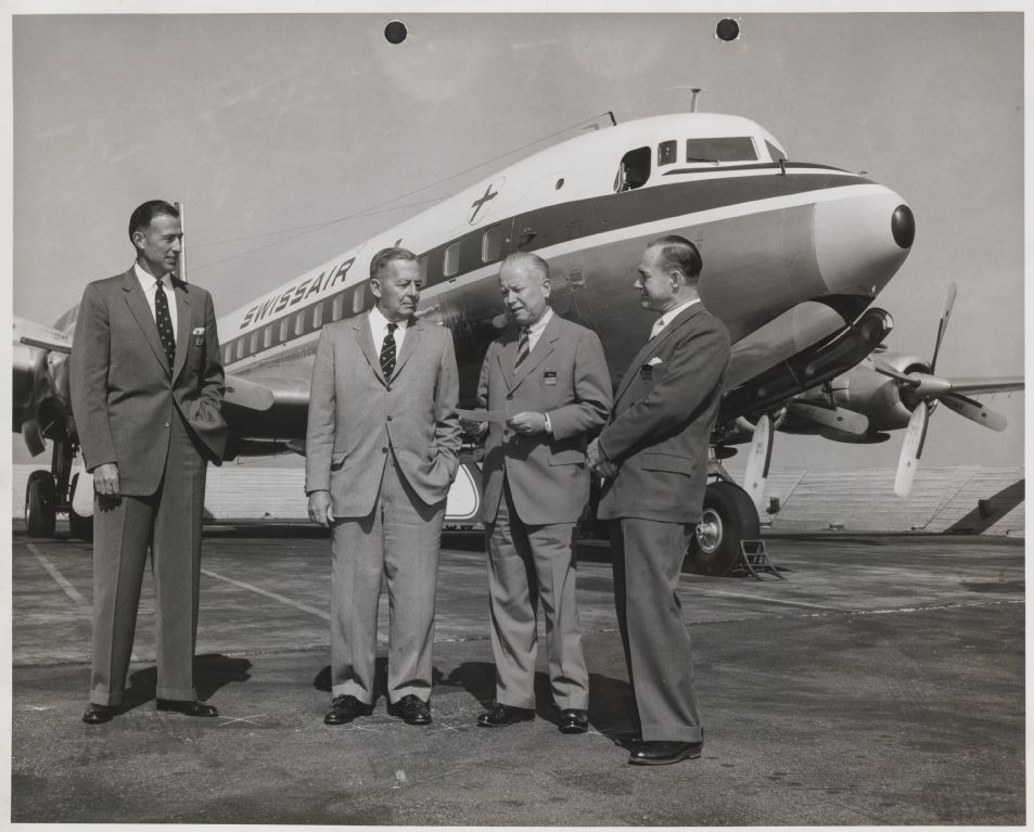 Takeover ceremony of the first Douglas DC-7C Seven Seas by Swissair at the Douglas factory in Santa Monica