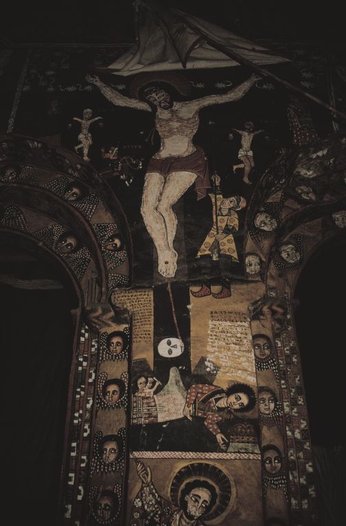 Ethiopia, Gondar, Debre Berhan Church, Mural: Crucifixion of Christ
