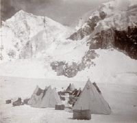 Camp on Godwin-Austen Glacier, with Kharut Kangri, looking east-southeast (ESE)