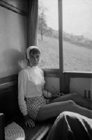 Audrey Hepburn in a compartment of the Bürgenstock funicular from Kehrsiten to the hotel facilities