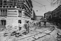 Zurich, construction site Tannenstrasse, Leonhardstrasse, streetcar tracks