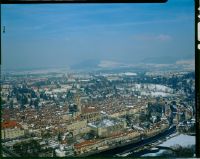 Bern, lower old town with cathedral terrace in winter, view to northeast (NE)