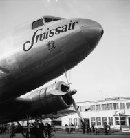 Nose of a Swissair Douglas DC-3 in front of the reception building in Dübendorf