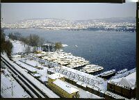 Zurich, district 2, Schiffhafen Wollishofen, ships of the Zürichsee Schiffahrtsgesellschaft, snow