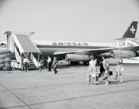 Passengers boarding the Convair CV-880-22M, HB-ICM at Zurich-Kloten