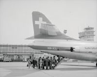 Passengers boarding the Sud-Aviation SE-210 Caravelle III, HB-ICU "Aargau" at Zurich-Kloten Airport