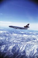 McDonnell Douglas DC-10 in flight over the Inyo National Forest in the Sierra Nevada, looking southwest (SW).