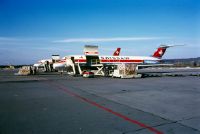 Freight loaded into a Douglas DC-9 of Swissair with old livery in Zurich-Kloten