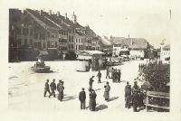 Aarberg, town square with town hall tower, pontooniers, looking north-northeast (NNE)