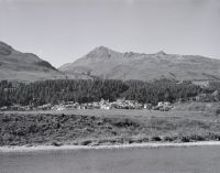Silvaplana, St. Moritz GR, south view of the village Champfèr, in the foreground the river Sela, in the background the southeast slope with the Piz Nair