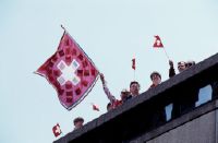 Fans of the Swiss national football team on the spectator terrace in Zurich-Kloten