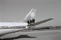 Cockpit and cabin crew on the horizontal stabilizer of the Douglas DC-8-54(F), CF-TJR, Air Canada Cargo in Zurich-Kloten