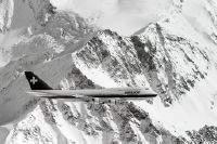 Boeing 747-357 Combi, HB-IGD "Basel-Stadt" in flight over the Diablons and the Turtmann Glacier in the Valais Alps (parallel flight)
