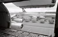 View from the open cargo door of the McDonnell Douglas DC-8-62 CF, HB-IDH "Piz Bernina" in Zurich-Kloten