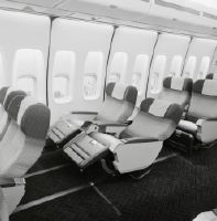 Seats in the empty first class cabin of a Boeing 747-300 of Swissair