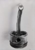 Piston with damaged connecting rod of an aircraft engine (e.g. due to knocking or a liquid hammer, oil hammer).
