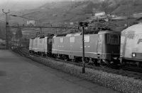 Airolo, station, Re 4/4 II 11302 and 11148 in double traction with freight train