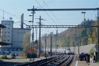 Roggwil-Wynau, train station, from left: Gugelmann site, Bern-Olten railroad line (with TGV), construction site of new Mattstetten-Rothrist line