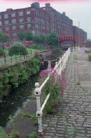 Ancoats, Rochdale Canal, Kitty Footbridge, Mills along Redhill Street.