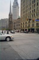 Cleveland, Ontario Street, Standard Building, Old Stone Church, Terminal Tower (from front).