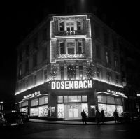 Zurich by night, Christmas shopping streets, corner Oetenbachgasse/Rennweg, shoe store Dosenbach