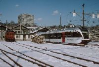 Winterthur, SBB depot Lindstrasse, diesel loco Bm 6/6 18511 and THURBO-GTW 709 in original appearance, winter atmosphere