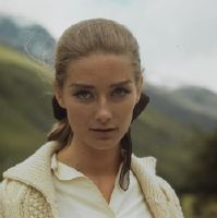 Tania Mallet as Tilly Masterson during "007 - Goldfinger" shooting at the gas station "Aurora" in Andermatt